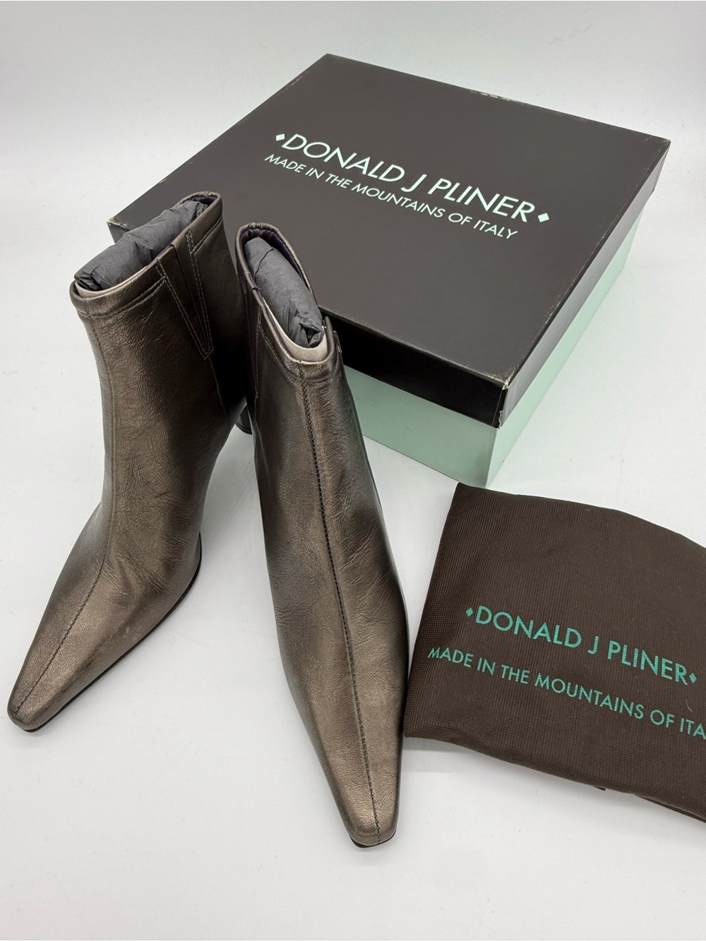 Donald J. Pliner Metallic Gunmetal Leather Pointed Ankle Boots